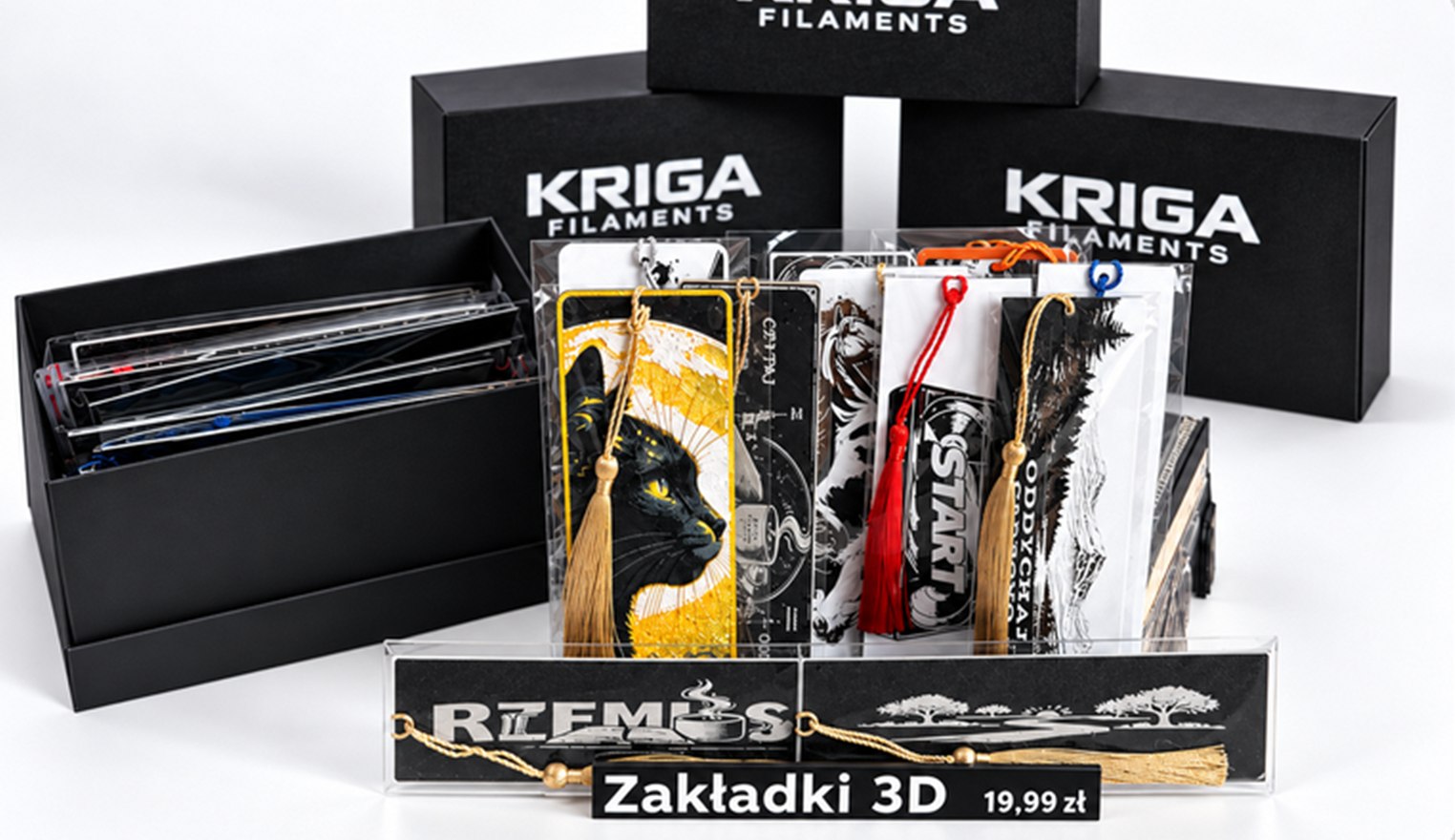 Komplet KRIGA: ekspozytor z zakładkami 3D i pojemnik na zapas